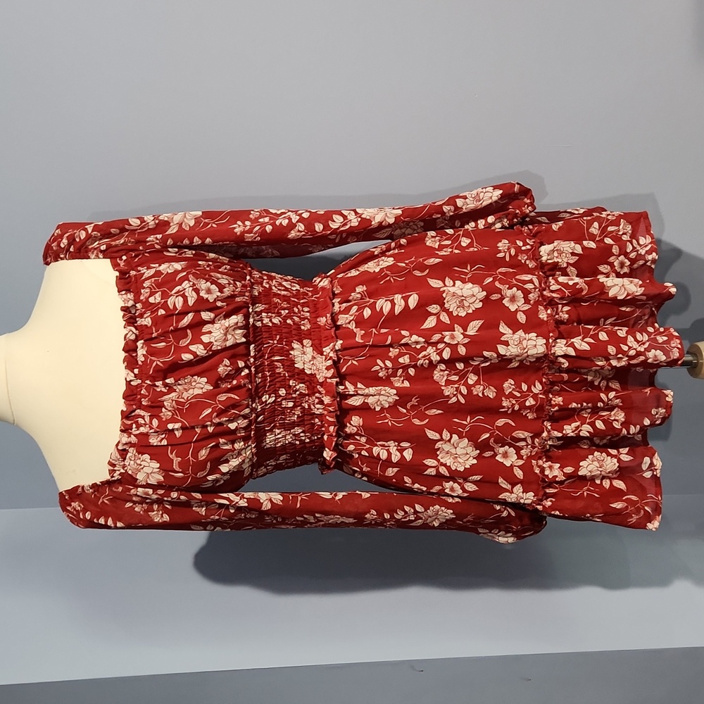 Trixxi red floral ruched waist tier dress